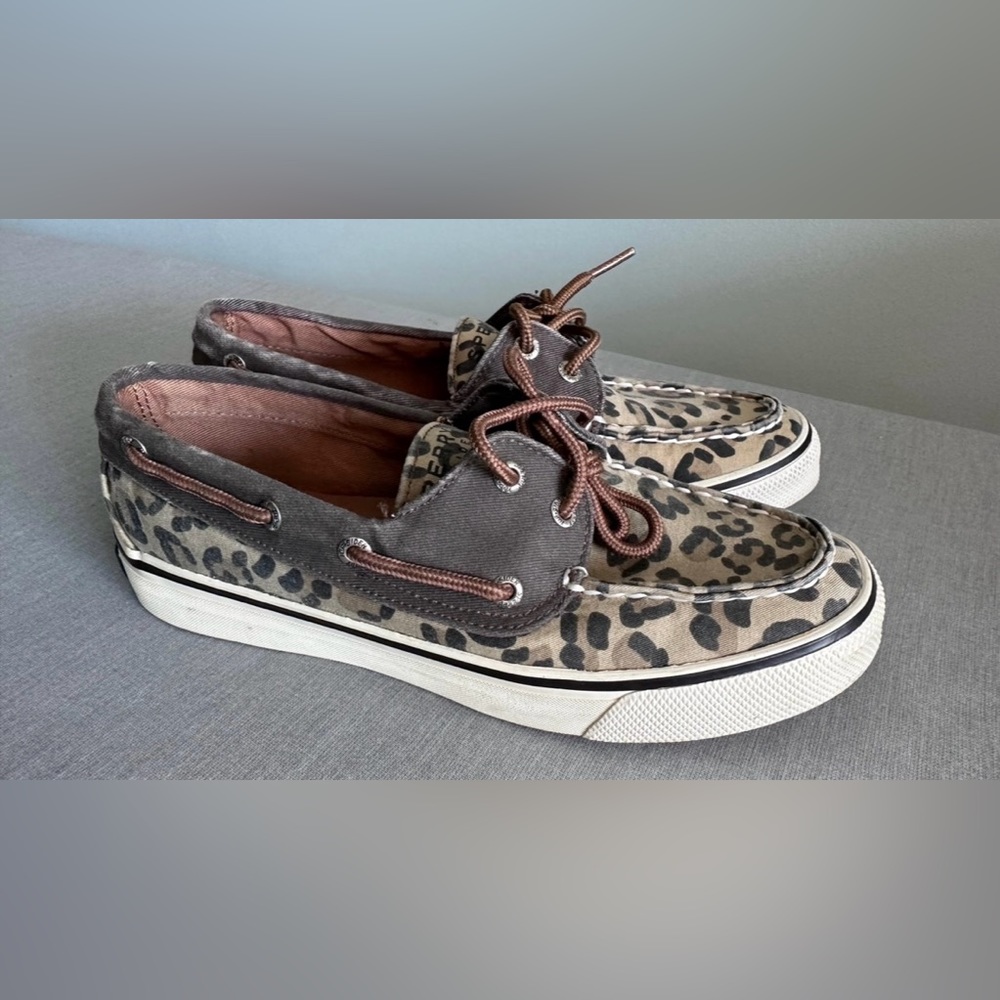 Sperry Brown and Tan Flats with Leopard Print